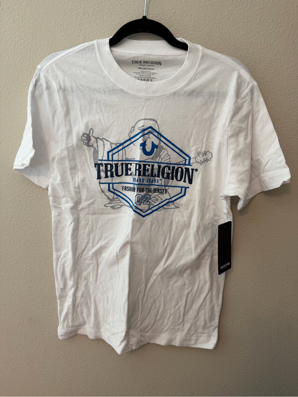 True Religion White Short-Sleeve Tee with Blue Graphic Logo